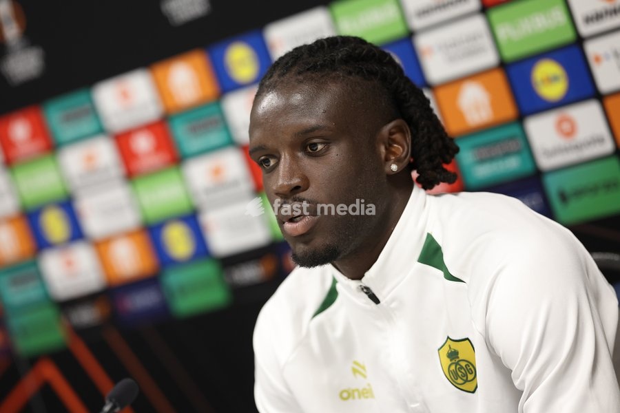Union's Massire Sylla pictured during a press conference of Belgian soccer team Royale Union Saint-Gilloise, Wednesday 14 October 2026 in Leuven. The team is preparing for the 2nd match of the UEFA Europa League league phase against Spanish Real Sociedad tomorrow