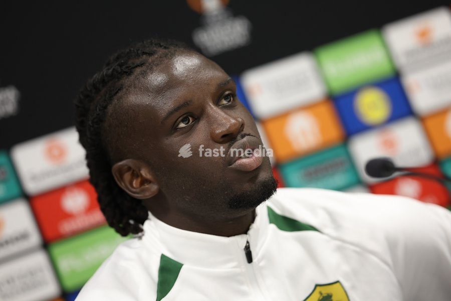 Union's Massire Sylla pictured during a press conference of Belgian soccer team Royale Union Saint-Gilloise, Wednesday 14 October 2026 in Leuven. The team is preparing for the 2nd match of the UEFA Europa League league phase against Spanish Real Sociedad tomorrow