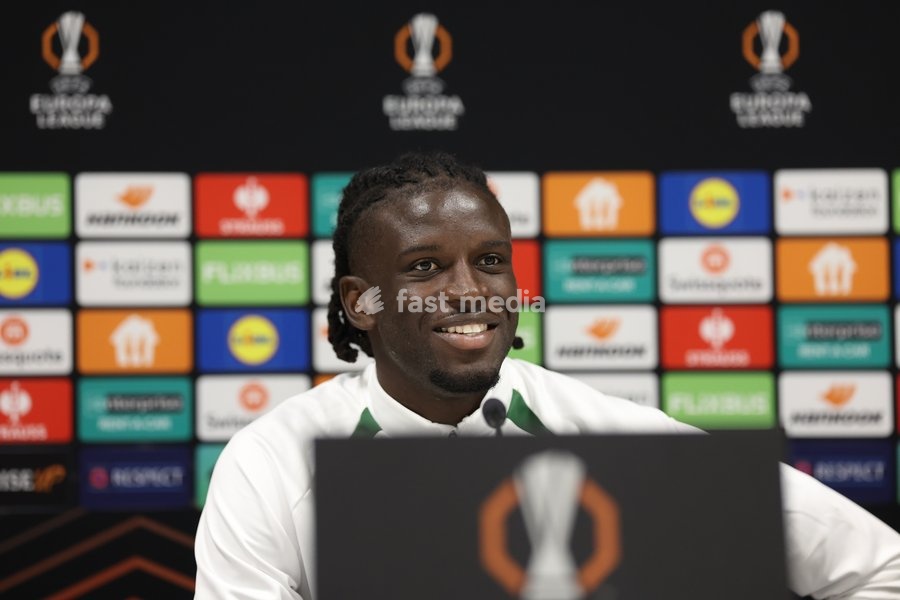 Union's Massire Sylla pictured during a press conference of Belgian soccer team Royale Union Saint-Gilloise, Wednesday 14 October 2026 in Leuven. The team is preparing for the 2nd match of the UEFA Europa League league phase against Spanish Real Sociedad tomorrow