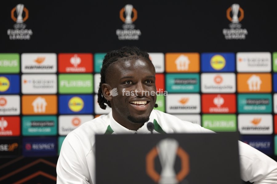 Union's Massire Sylla pictured during a press conference of Belgian soccer team Royale Union Saint-Gilloise, Wednesday 14 October 2026 in Leuven. The team is preparing for the 2nd match of the UEFA Europa League league phase against Spanish Real Sociedad tomorrow