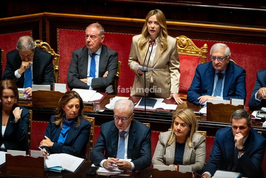 Italian Prime Minister Giorgia Meloni addresses the Italian Senate ahead of the next European Council meeting at Palazzo Madama in Rome, Italy, on 14 October 2026