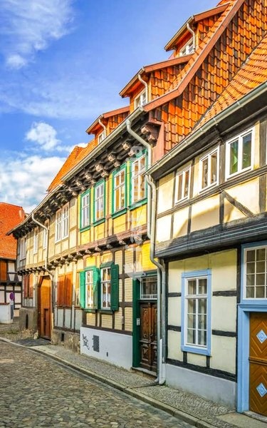 Colourful half-timbered houses, cobblestone lane, Quedlinburg, Saxony-Anhalt, Germany, UNESCO
