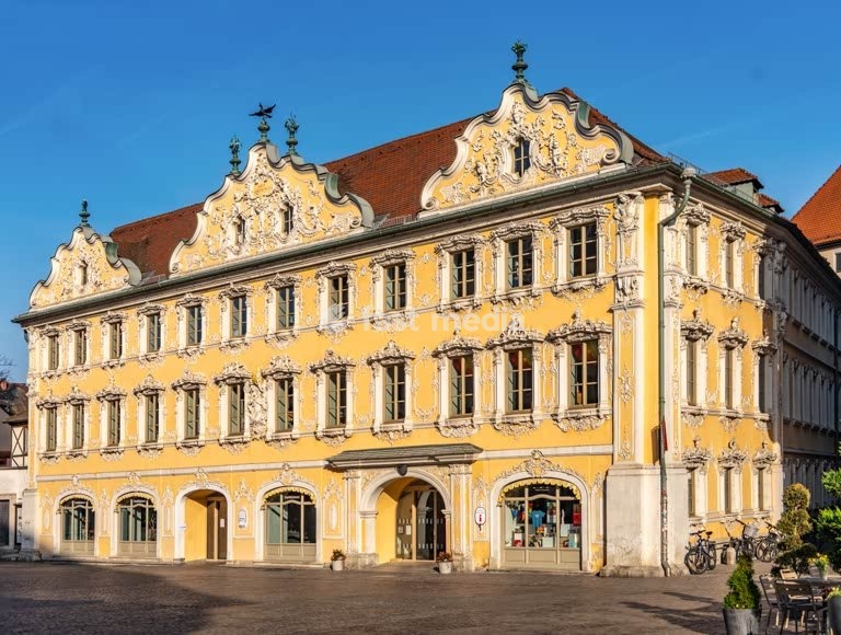 Falkenhaus Würzburg Rococo facade with ornate stucco and gables, landmark in Würzburg Bavaria Germany