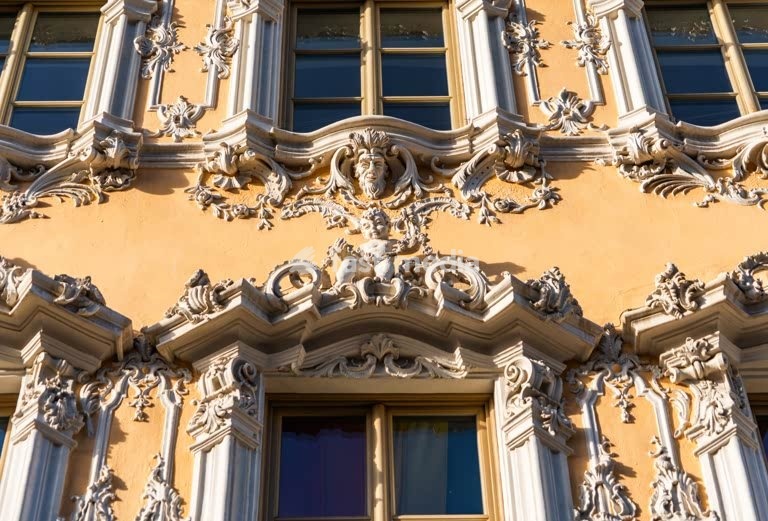 Falkenhaus Würzburg Rococo facade with ornate stucco and gables, landmark in Würzburg Bavaria Germany