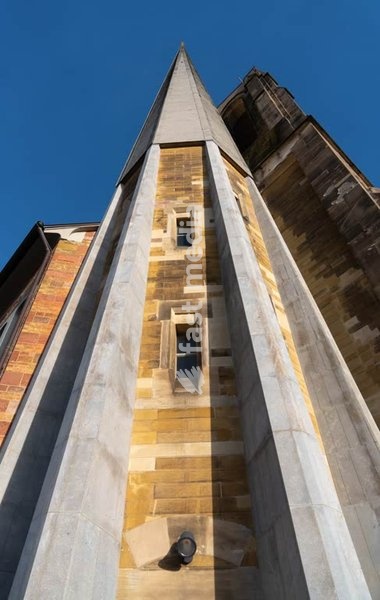 St. Johannis Würzburg church has been destroyed in WWII bombing and has been rebuilt with twin spires and a modern interior, Würzburg Bavaria Germany