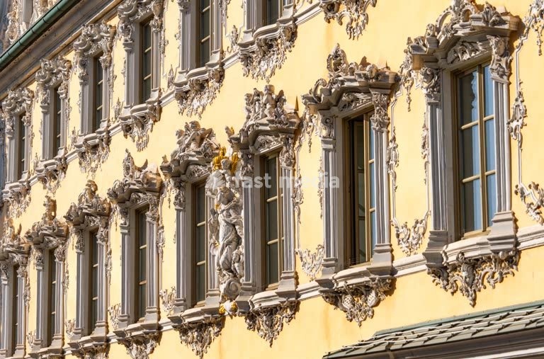 Falkenhaus Würzburg Rococo facade with ornate stucco and gables, landmark in Würzburg Bavaria Germany