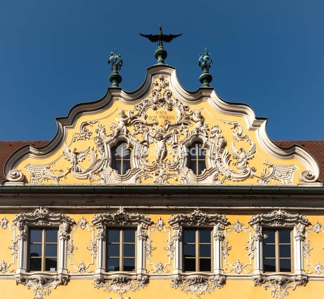 Falkenhaus Würzburg Rococo facade with ornate stucco and gables, landmark in Würzburg Bavaria Germany