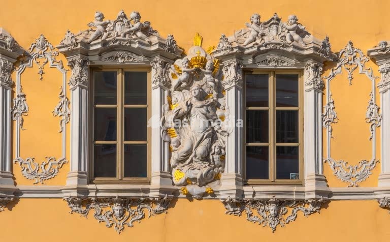 Falkenhaus Würzburg Rococo facade with ornate stucco and gables, landmark in Würzburg Bavaria Germany