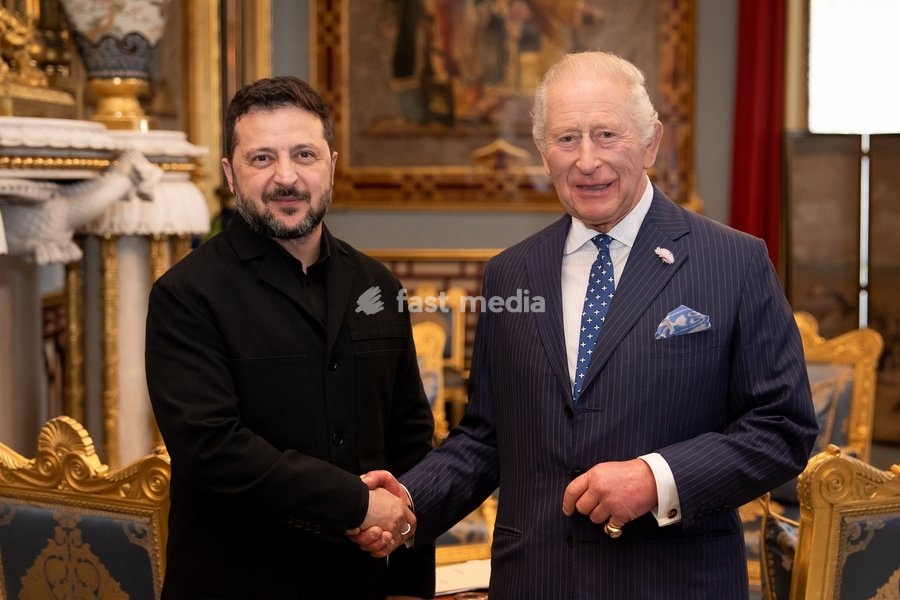 King Charles III during an audience with President of Ukraine Volodymyr Zelensky at Buckingham Palace, Central London. Picture date: Wednesday October 14, 2026
