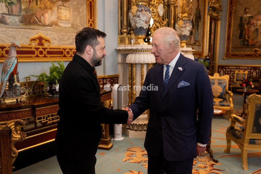King Charles III during an audience with President of Ukraine Volodymyr Zelensky at Buckingham Palace, Central London. Picture date: Wednesday October 14, 2026