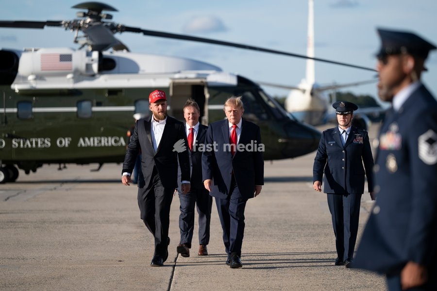 President Donald J. Trump disembarks Marine One at Joint Base Andrews, Maryland on Monday, October 12, 2026, with Jake Paul and boards Air Force One en route Youngstown, Ohio. (Official White House
