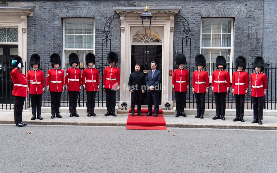 Volodymyr Zelenskyy - President of Ukraine poses at the No. 10 Door with British Prime Minister Andy Burnham, flanked by the Irish Guards in Downing Street, London, England, UK on Wednesday 14 October, 2026