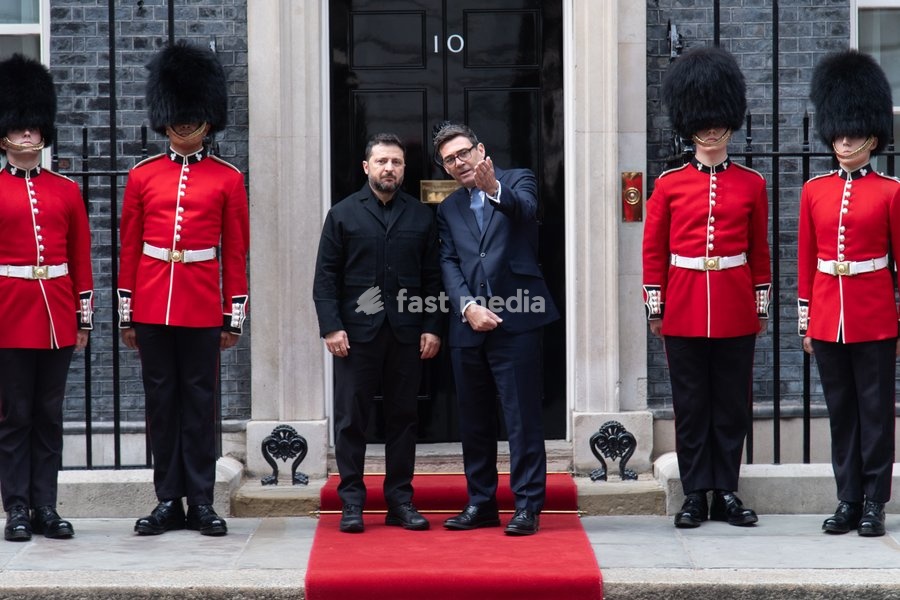 Volodymyr Zelenskyy - President of Ukraine poses at the No. 10 Door with British Prime Minister Andy Burnham, flanked by the Irish Guards in Downing Street, London, England, UK on Wednesday 14 October, 2026