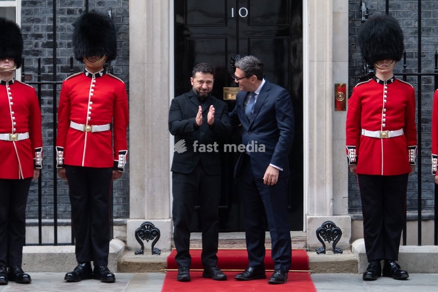 Volodymyr Zelenskyy - President of Ukraine poses at the No. 10 Door with British Prime Minister Andy Burnham, flanked by the Irish Guards in Downing Street, London, England, UK on Wednesday 14 October, 2026