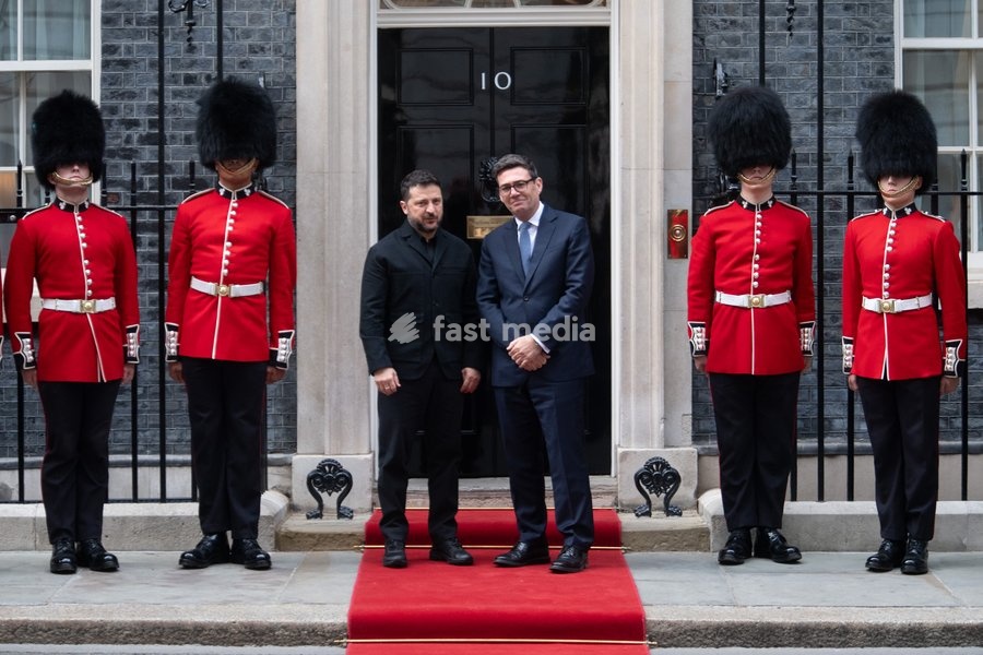 Volodymyr Zelenskyy - President of Ukraine poses at the No. 10 Door with British Prime Minister Andy Burnham, flanked by the Irish Guards in Downing Street, London, England, UK on Wednesday 14 October, 2026