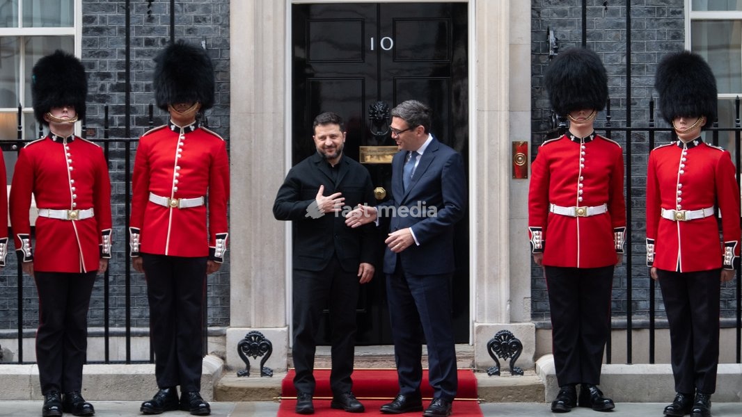 Volodymyr Zelenskyy - President of Ukraine poses at the No. 10 Door with British Prime Minister Andy Burnham, flanked by the Irish Guards in Downing Street, London, England, UK on Wednesday 14 October, 2026