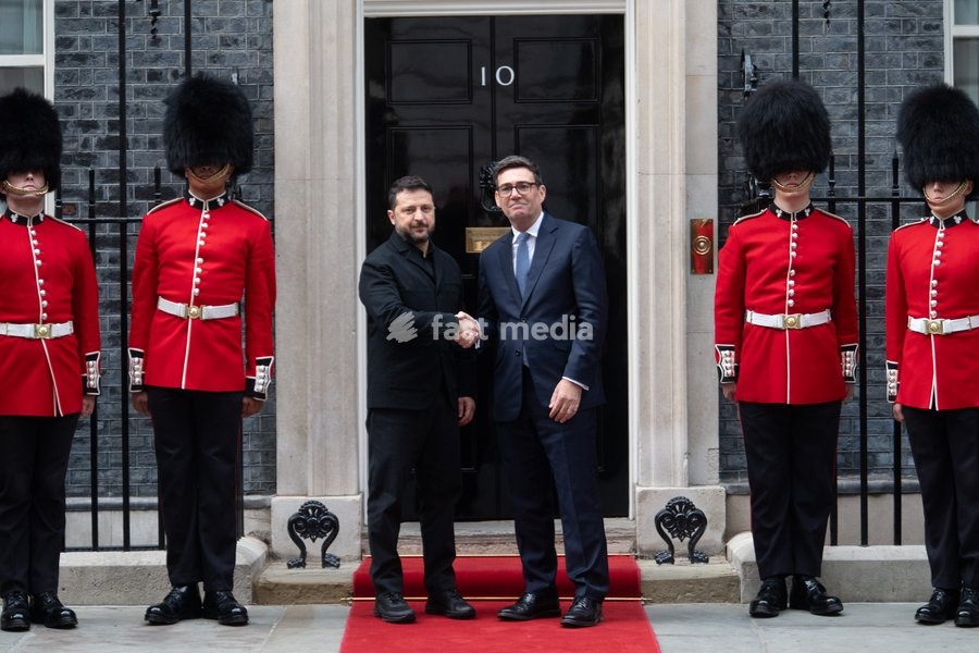 Volodymyr Zelenskyy - President of Ukraine poses at the No. 10 Door with British Prime Minister Andy Burnham, flanked by the Irish Guards in Downing Street, London, England, UK on Wednesday 14 October, 2026