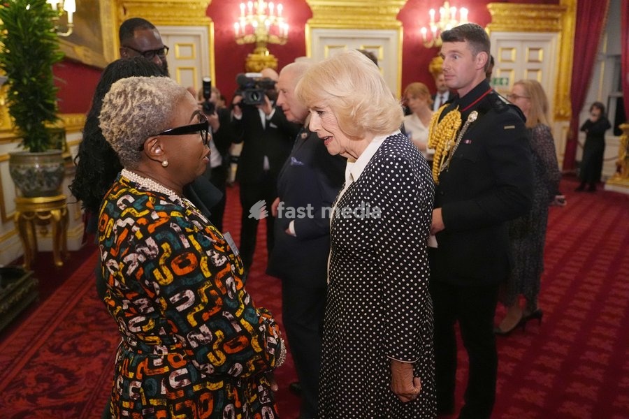 Queen Camilla speaking to Lyndia Bowers, President of Antigua and Barbuda National Association, during a reception at St. James's Palace in London, to celebrate the Commonwealth Diaspora, ahead of the Commonwealth Heads of Government Meeting in Antigua and Barbuda. Picture date: Wednesday October…