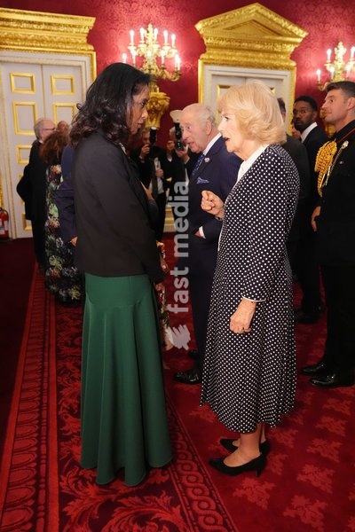 Queen Camilla speaking to broadcaster Zeinab Badawi-Malik, during a reception at St. James's Palace in London, to celebrate the Commonwealth Diaspora, ahead of the Commonwealth Heads of Government Meeting in Antigua and Barbuda. Picture date: Wednesday October 14, 2026