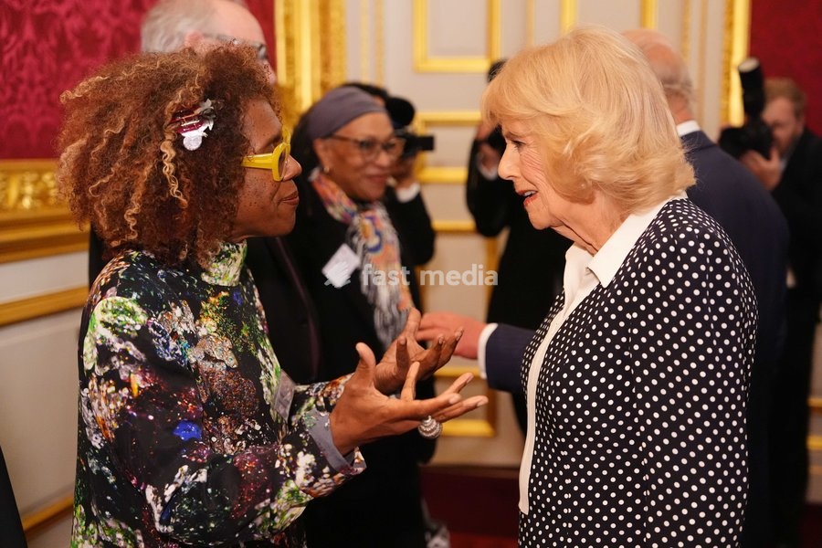 Queen Camilla speaking to Errollyn Wallen, Master of The King's Music, during a reception at St. James's Palace in London, to celebrate the Commonwealth Diaspora, ahead of the Commonwealth Heads of Government Meeting in Antigua and Barbuda. Picture date: Wednesday October 14, 2026