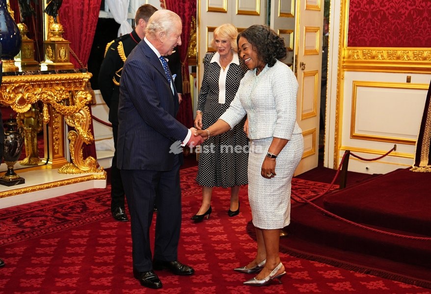 King Charles III and Queen Camilla speaking to Shirley Botchwey, Commonwealth Secretary-General, during a reception at St. James's Palace in London, to celebrate the Commonwealth Diaspora, ahead of the Commonwealth Heads of Government Meeting in Antigua and Barbuda. Picture date: Wednesday October…