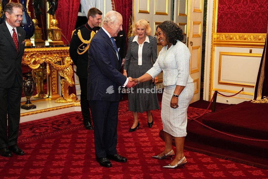 King Charles III and Queen Camilla speaking to Shirley Botchwey, Commonwealth Secretary-General, during a reception at St. James's Palace in London, to celebrate the Commonwealth Diaspora, ahead of the Commonwealth Heads of Government Meeting in Antigua and Barbuda. Picture date: Wednesday October…