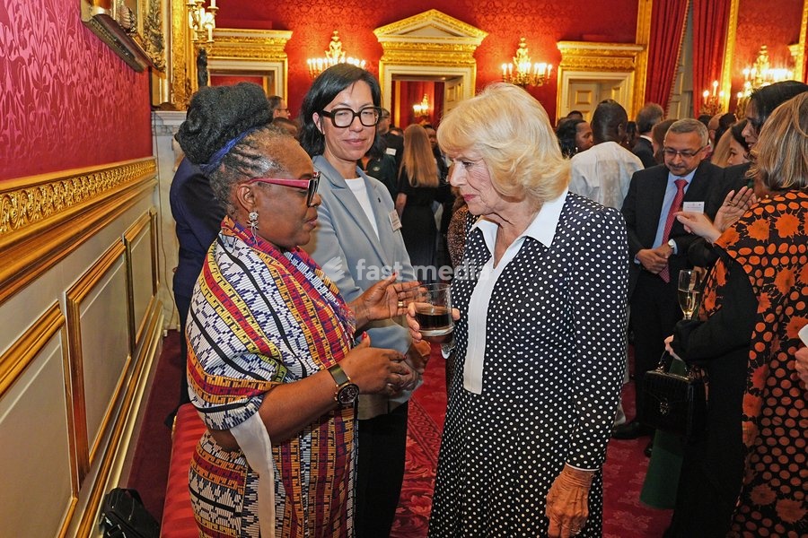 Queen Camilla speaking to guests, during a reception at St. James's Palace in London, to celebrate the Commonwealth Diaspora, ahead of the Commonwealth Heads of Government Meeting in Antigua and Barbuda. Picture date: Wednesday October 14, 2026