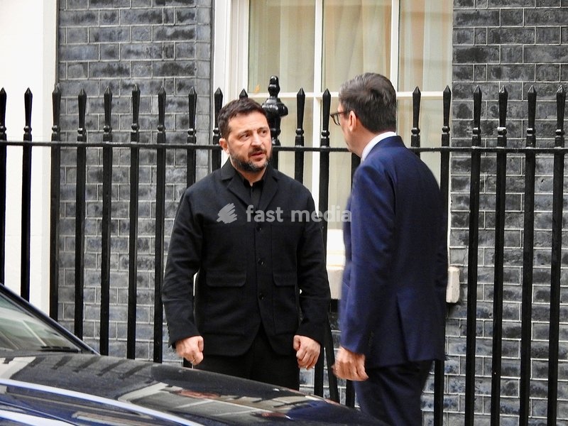 London, UK. 14 October 2026. Ukrainian President Volodymyr Zelenskyy is pictured during an exchange with British Prime Minister Andy Burnham outside 10 Downing Street, as the Ukrainian leader visits the UK for talks with the British government