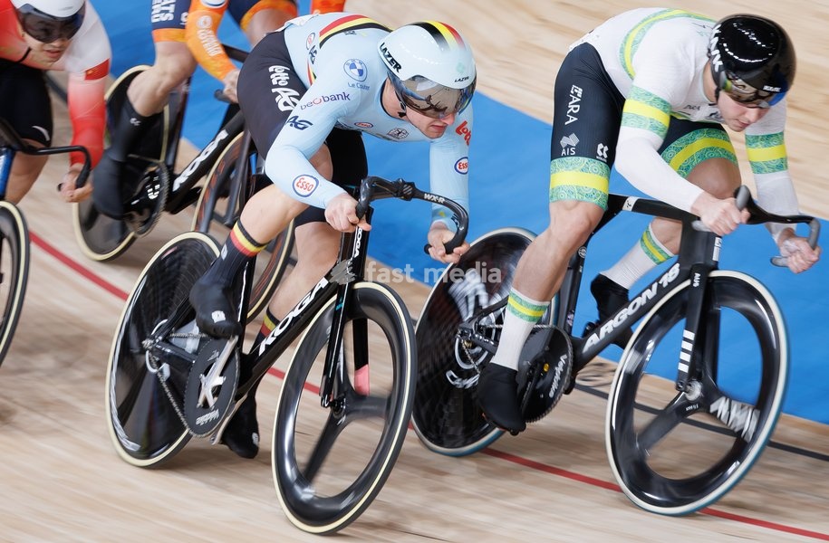 Belgian Lowie Nulens pictured in action at the Men's Keirin event at the UCI Track Cycling World Championships in Shanghai, China on Thursday 15 October 2026. The worlds are taking place from 14 to 18 October 2026