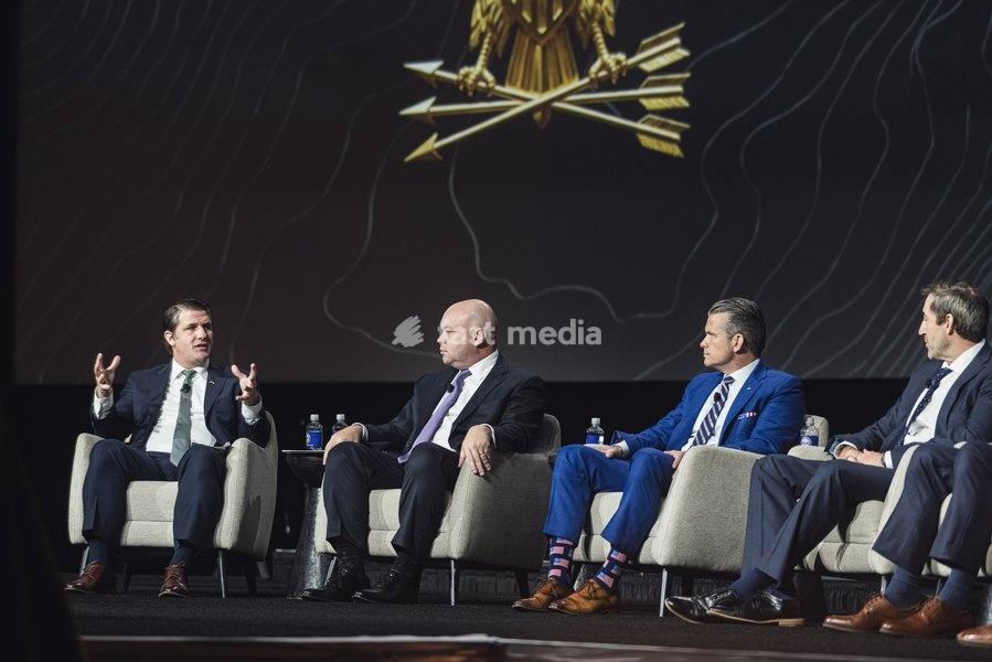 WASHINGTON, DC, OCTOBER 14: Secretary of War Pete Hegseth, Secretary of the Air Force Troy E. Meink, Acting Secretary of the Army Adam R. Telle, Acting Secretary of the Navy Hung Cao and Assistant Secretary of War for Special Operations and Low Intensity Conflict Derrick M. Anderson take part in…
