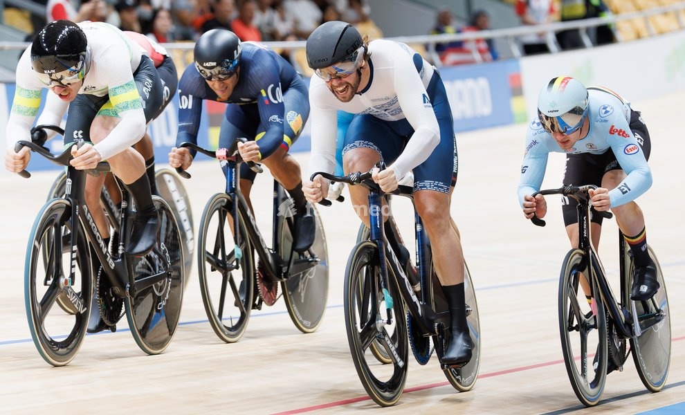Belgian Lowie Nulens pictured in action during the Men's Keirin event at the UCI Track Cycling World Championships in Shanghai, China on Thursday 15 October 2026. The worlds are taking place from 14 to 18 October 2026