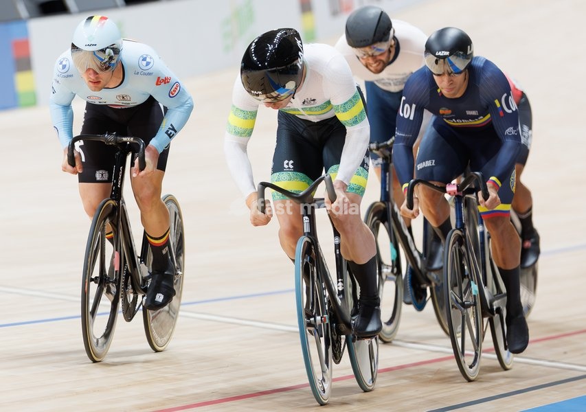 Belgian Lowie Nulens pictured in action during the Men's Keirin event at the UCI Track Cycling World Championships in Shanghai, China on Thursday 15 October 2026. The worlds are taking place from 14 to 18 October 2026