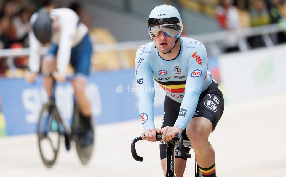 Belgian Lowie Nulens pictured in action during the Men's Keirin event at the UCI Track Cycling World Championships in Shanghai, China on Thursday 15 October 2026. The worlds are taking place from 14 to 18 October 2026