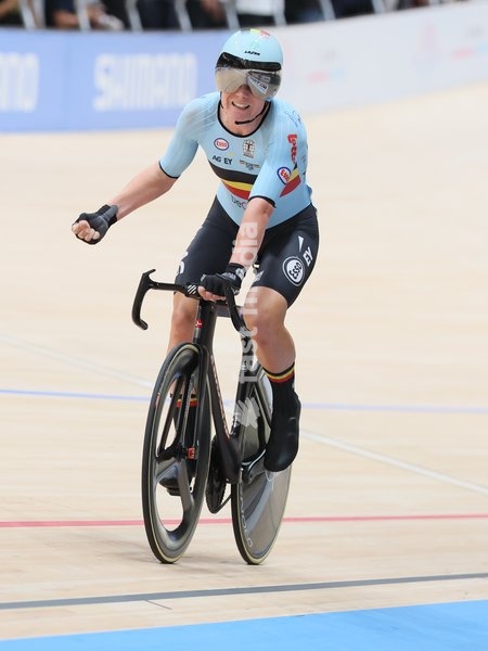 Belgian Lotte Kopecky celebrates after winning the Women's Elimination event at the UCI Track Cycling World Championships in Shanghai, China on Thursday 15 October 2026. The worlds are taking place from 14 to 18 October 2026