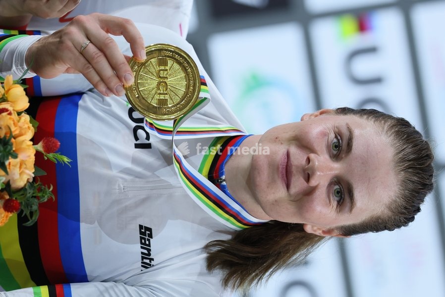 Belgian Lotte Kopecky celebrates her gold medal after winning the Women's Elimination event at the UCI Track Cycling World Championships in Shanghai, China on Thursday 15 October 2026. The worlds are taking place from 14 to 18 October 2026