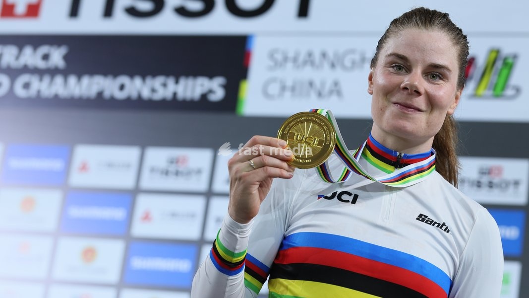 Belgian Lotte Kopecky celebrates her gold medal after winning the Women's Elimination event at the UCI Track Cycling World Championships in Shanghai, China on Thursday 15 October 2026. The worlds are taking place from 14 to 18 October 2026