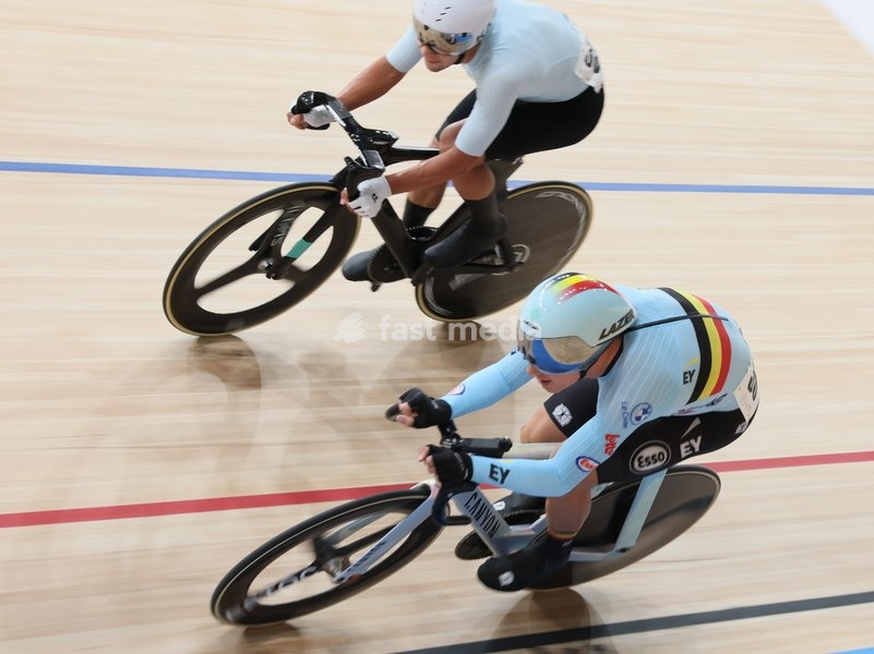 Belgian Lindsay De Vylder pictured in action during the Men's Scratch event at the UCI Track Cycling World Championships in Shanghai, China on Thursday 15 October 2026. The worlds are taking place from 14 to 18 October 2026