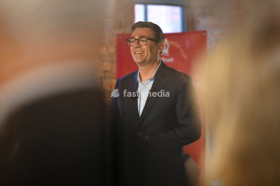 Britain's Prime Minister Andy Burnham speaks to employees during his visit of the King's Trust charity in Manchester, England, Thursday, Oct. 15, 2026