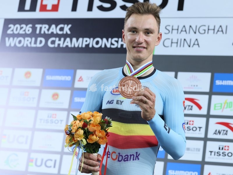 Belgian Lindsay De Vylder , winner of the bronze medal pictured on the podium of the Men's Scratch event at the UCI Track Cycling World Championships in Shanghai, China on Thursday 15 October 2026. The worlds are taking place from 14 to 18 October 2026