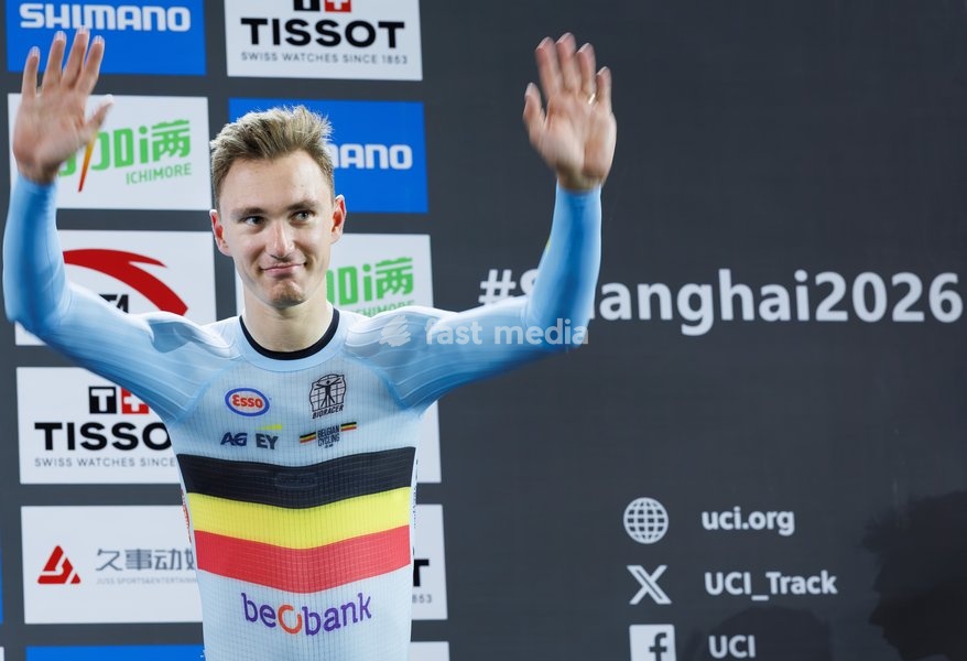 Belgian Lindsay De Vylder winner of the bronze medal celebrates after the Men's Scratch event at the UCI Track Cycling World Championships in Shanghai, China on Thursday 15 October 2026. The worlds are taking place from 14 to 18 October 2026