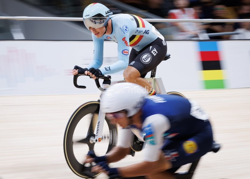 Belgian Lindsay De Vylder pictured in action during the Men's Scratch event at the UCI Track Cycling World Championships in Shanghai, China on Thursday 15 October 2026. The worlds are taking place from 14 to 18 October 2026