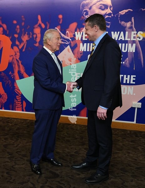 King Charles III (left) greets the First Minister of Wales and leader of Plaid Cymru Rhun ap Iorwerth during a private audience at the Wales Millennium Centre, following the ceremonial opening of the Senedd in Cardiff. Picture date: Thursday October 15, 2026