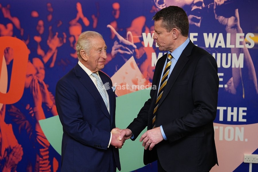 King Charles III (left) greets the First Minister of Wales and leader of Plaid Cymru Rhun ap Iorwerth during a private audience at the Wales Millennium Centre, following the ceremonial opening of the Senedd in Cardiff. Picture date: Thursday October 15, 2026