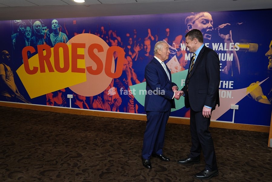 King Charles III (left) greets the First Minister of Wales and leader of Plaid Cymru Rhun ap Iorwerth during a private audience at the Wales Millennium Centre, following the ceremonial opening of the Senedd in Cardiff. Picture date: Thursday October 15, 2026