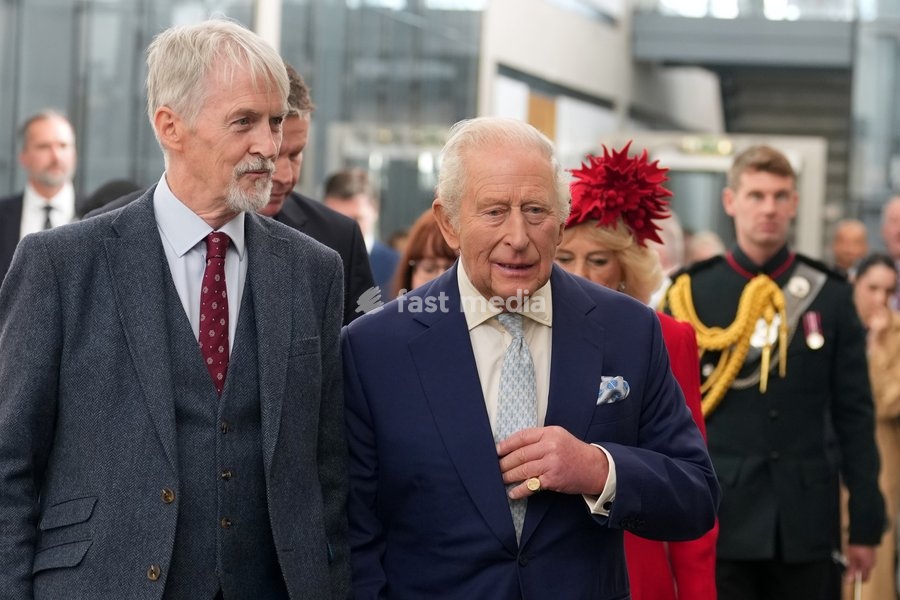 Britain's King Charles III and Queen Camilla are welcomed by Presiding Officer Huw Irranca Davies for the Ceremonial Opening of the Seventh Senedd in Cardiff, Wales, Thursday, Oct. 15, 2026