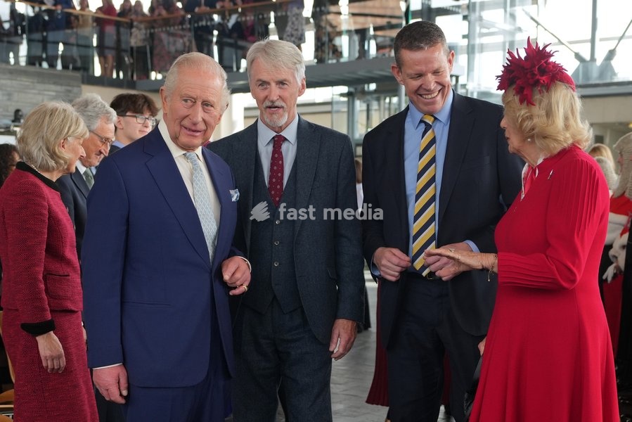 Britain's King Charles III and Queen Camilla, Presiding Officer Huw Irranca Davies second left, and First Minister of Wales, Rhun ap Iorwerth attend the Ceremonial Opening of the Seventh Senedd in Cardiff, Wales, Thursday, Oct. 15, 2026