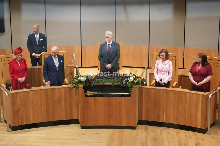Britain's King Charles III and Queen Camilla attend the Ceremonial Opening of the Seventh Senedd in Cardiff, Wales, Thursday, Oct. 15, 2026