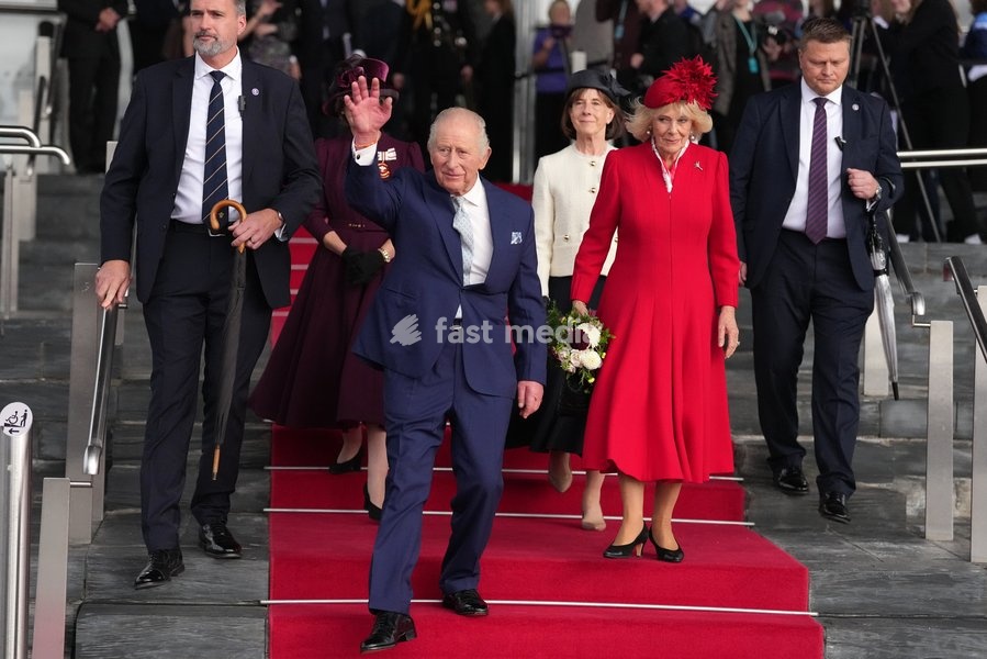 Britain's King Charles III and Queen Camilla leave after attending the Ceremonial Opening of the Seventh Senedd in Cardiff, Wales, Thursday, Oct. 15, 2026