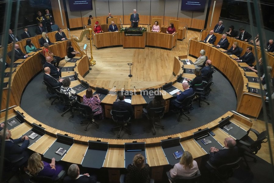 Britain's King Charles III and Queen Camilla , rear left, attend the Ceremonial Opening of the Seventh Senedd in Cardiff, Wales, Thursday, Oct. 15, 2026