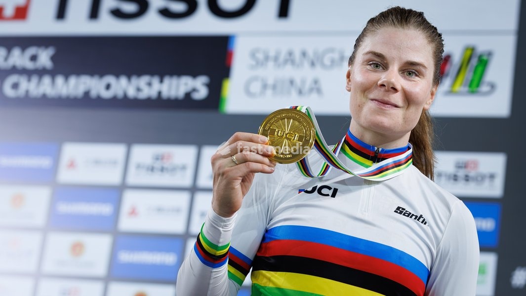 Belgian Lotte Kopecky, winner of the gold medal celebrates after winning the Women's Elimination event at the UCI Track Cycling World Championships in Shanghai, China on Thursday 15 October 2026. The worlds are taking place from 14 to 18 October 2026